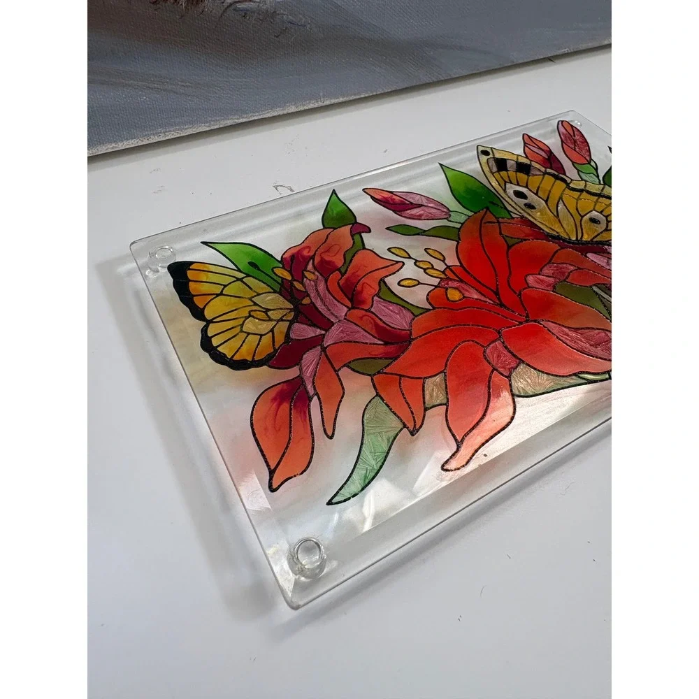 Hand Painted Glass Butterfly Lily Floral Tray Trivet Stained Glass Style 8x4
